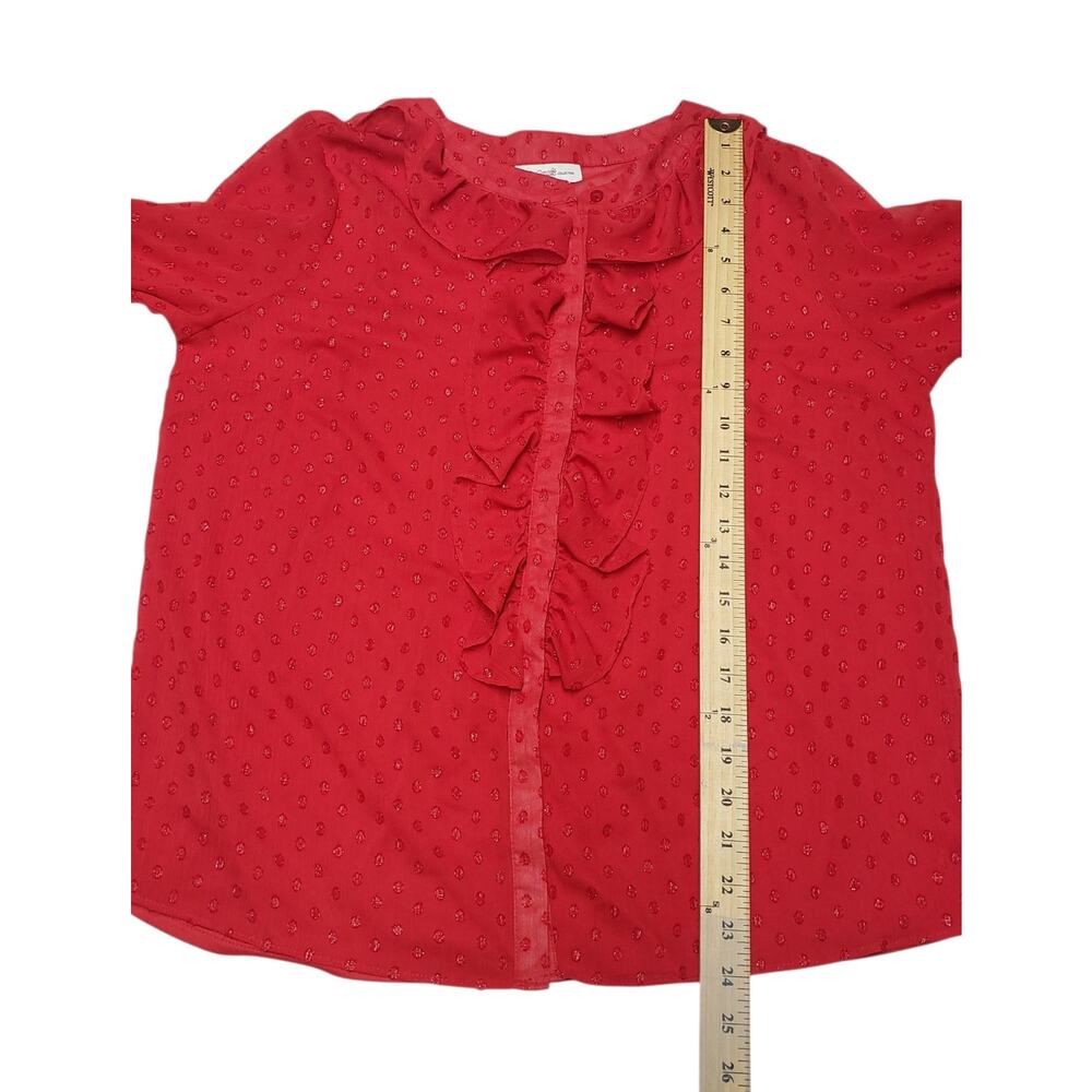 Jaclyn Smith Red Metallic Shimmer Blouse L Ruffle Sheer Victorian Whimsigoth Top - Picture 7 of 9